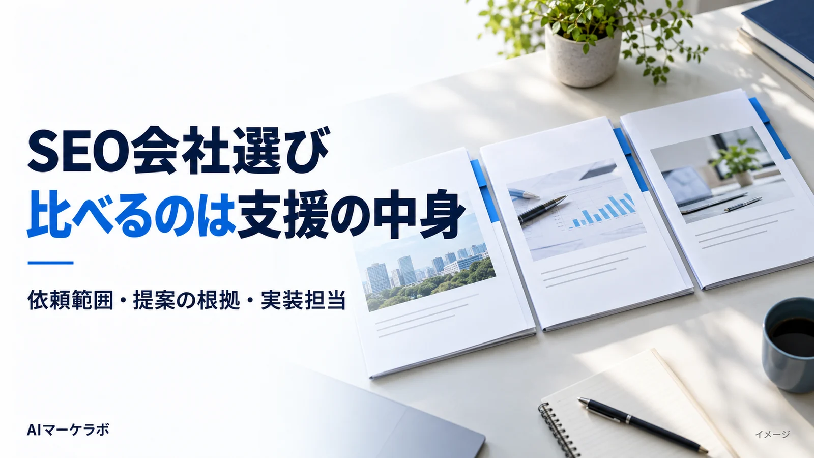 SEO会社を支援範囲・提案の根拠・実装担当で比較するための提案資料のイメージ。