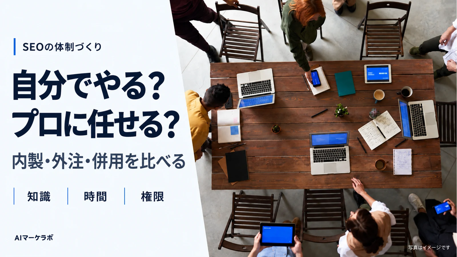 SEOを自分で進めるか外部に任せるか、知識・時間・権限から内製・外注・併用を比較するイメージ。